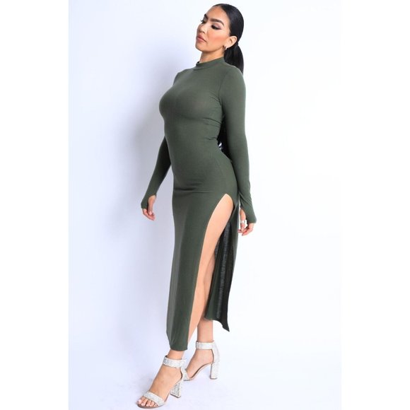 Women's Hacci Mock Neck Long Sleeves Double Slits Maxi Dress Olive S M L - Picture 9 of 10